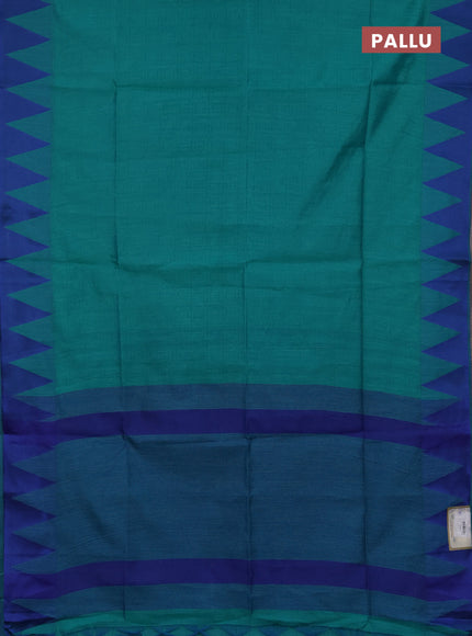 Semi dupion saree teal green and teal blue with allover thread stripe pattern and temple design thread woven border