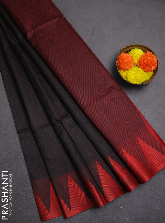 Semi dupion saree black and red with allover thread stripe pattern and temple design thread woven border