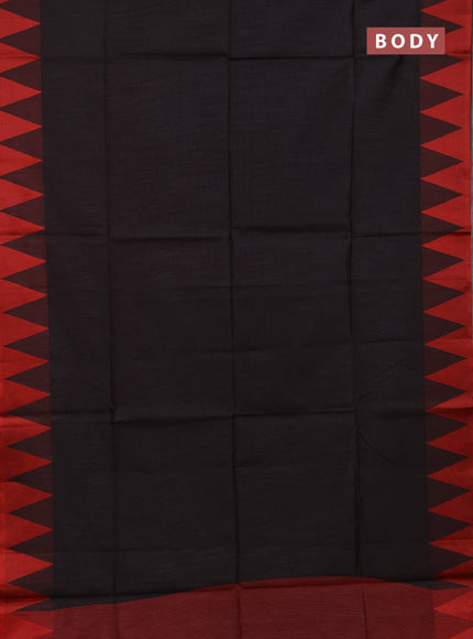 Semi dupion saree black and red with allover thread stripe pattern and temple design thread woven border