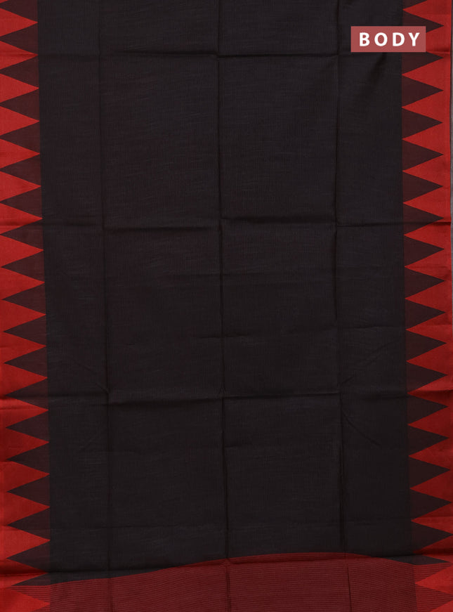Semi dupion saree black and red with allover thread stripe pattern and temple design thread woven border