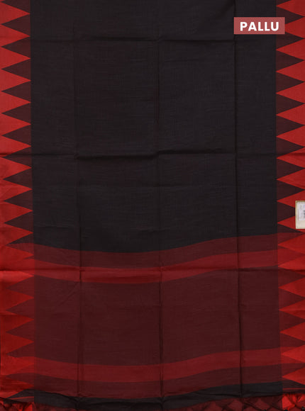 Semi dupion saree black and red with allover thread stripe pattern and temple design thread woven border
