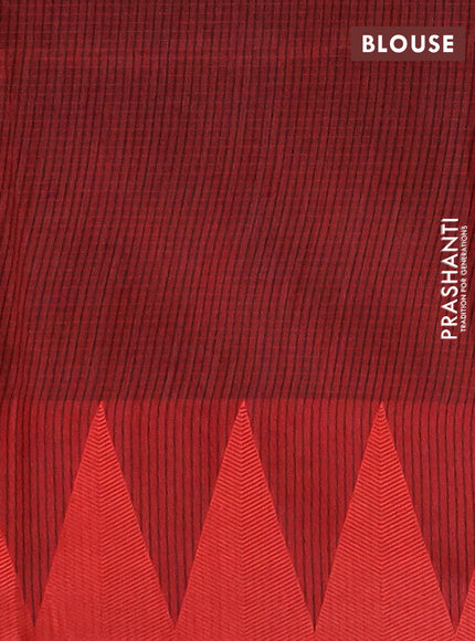 Semi dupion saree black and red with allover thread stripe pattern and temple design thread woven border