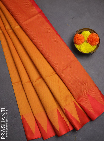 Semi dupion saree sunset orange and red with allover thread stripe pattern and temple design thread woven border