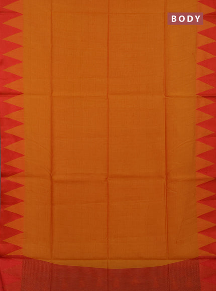 Semi dupion saree sunset orange and red with allover thread stripe pattern and temple design thread woven border