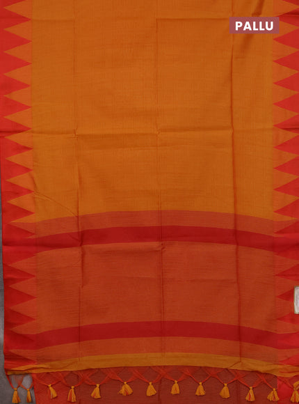 Semi dupion saree sunset orange and red with allover thread stripe pattern and temple design thread woven border