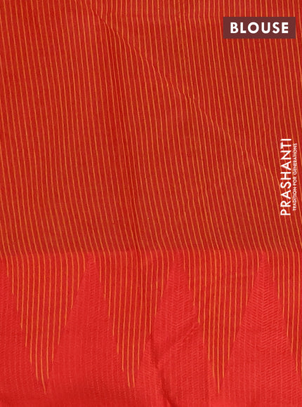 Semi dupion saree sunset orange and red with allover thread stripe pattern and temple design thread woven border