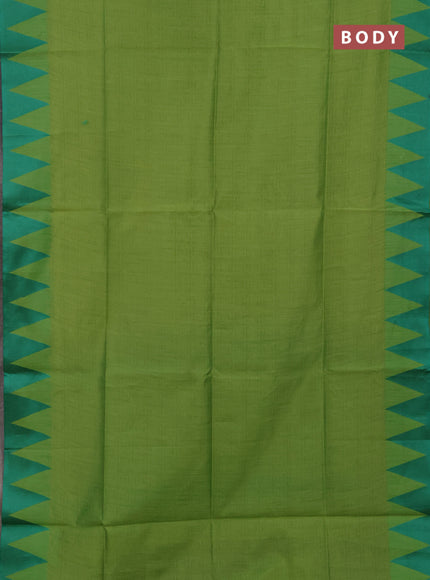 Semi dupion saree light green and teal green with allover thread stripe pattern and temple design thread woven border