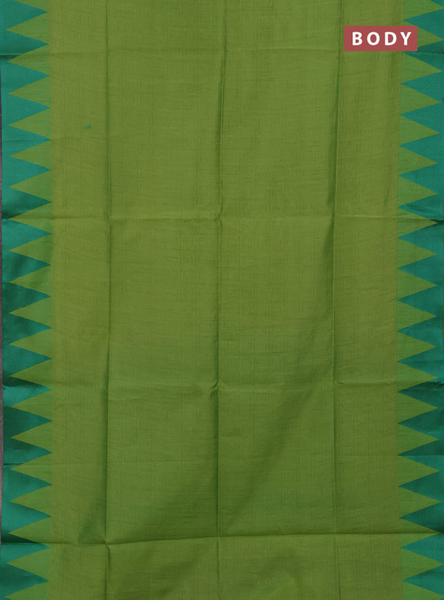 Semi dupion saree light green and teal green with allover thread stripe pattern and temple design thread woven border