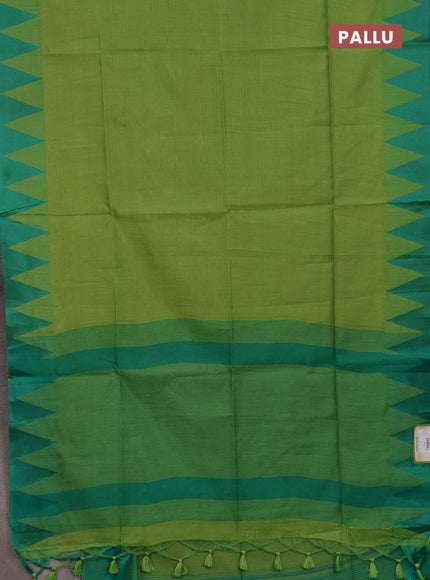 Semi dupion saree light green and teal green with allover thread stripe pattern and temple design thread woven border