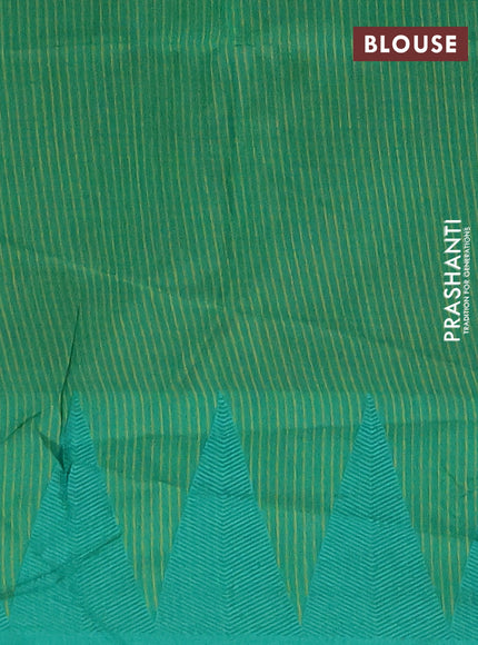 Semi dupion saree light green and teal green with allover thread stripe pattern and temple design thread woven border