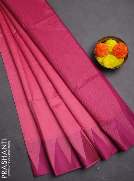 Semi dupion saree peach pink and magenta pink with allover thread stripe pattern and temple design thread woven border
