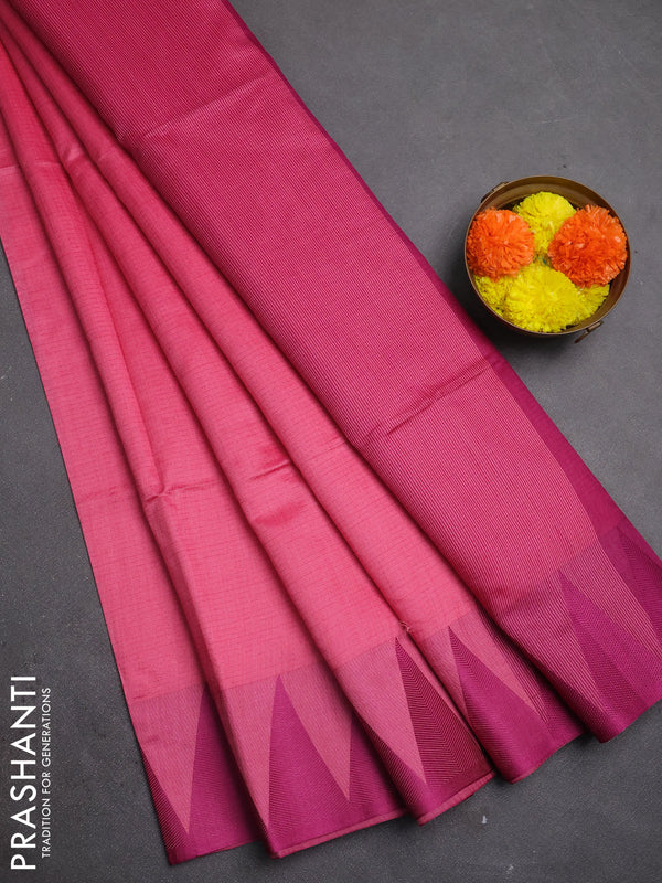 Semi dupion saree peach pink and magenta pink with allover thread stripe pattern and temple design thread woven border