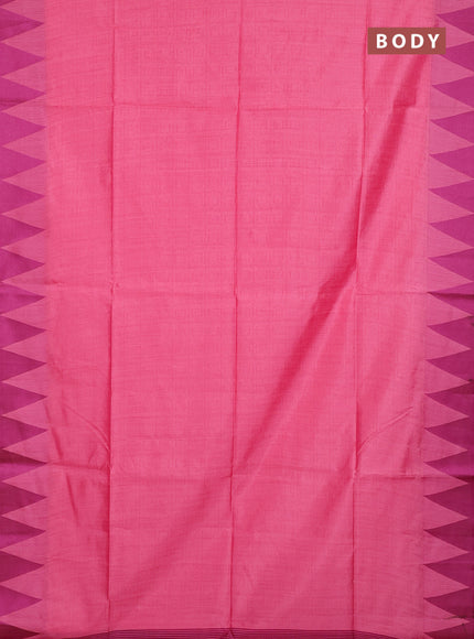 Semi dupion saree peach pink and magenta pink with allover thread stripe pattern and temple design thread woven border