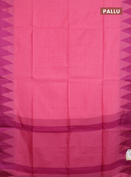 Semi dupion saree peach pink and magenta pink with allover thread stripe pattern and temple design thread woven border