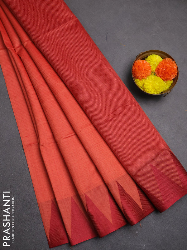 Semi dupion saree peach orange and maroon with allover thread stripe pattern and temple design thread woven border