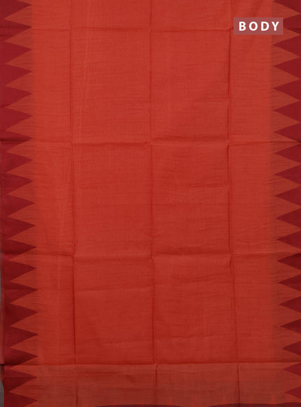 Semi dupion saree peach orange and maroon with allover thread stripe pattern and temple design thread woven border