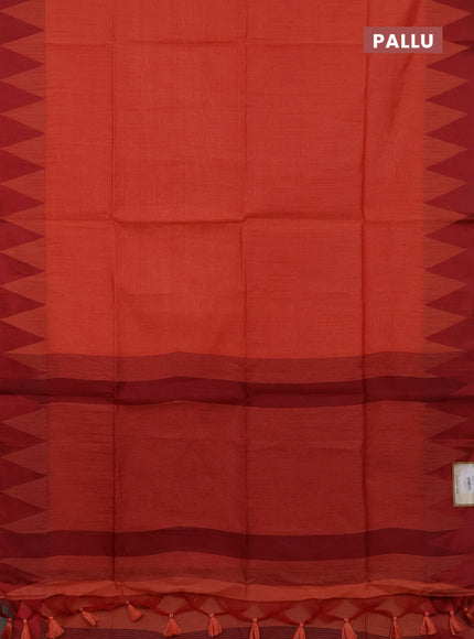 Semi dupion saree peach orange and maroon with allover thread stripe pattern and temple design thread woven border