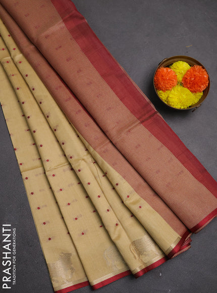 Semi dupion saree beige and maroon with allover bandhani thread woven buttas and pichwai border