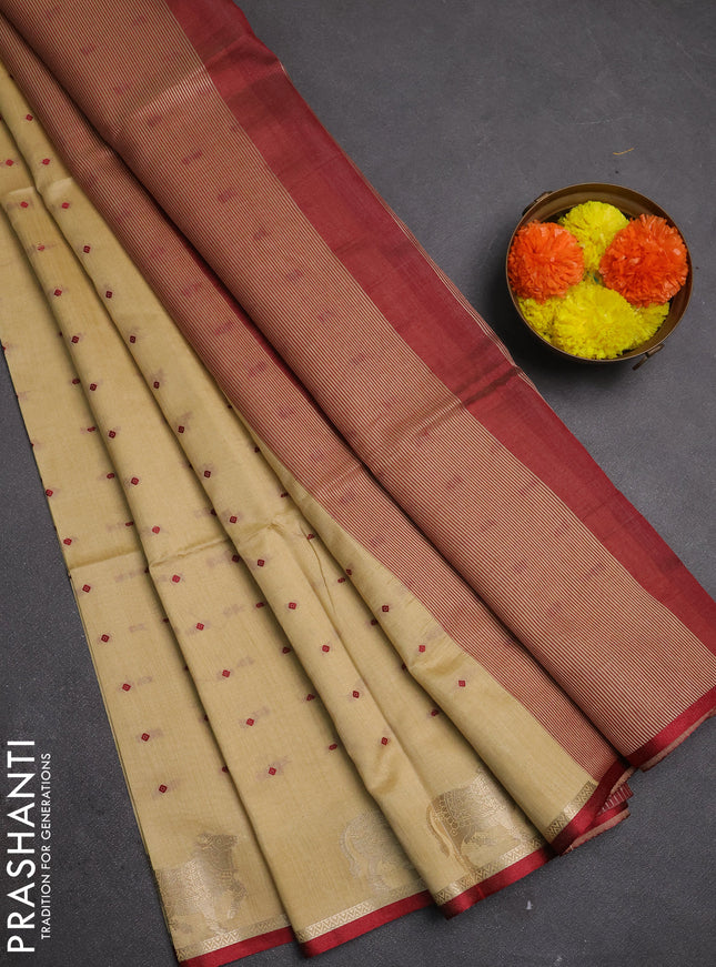 Semi dupion saree beige and maroon with allover bandhani thread woven buttas and pichwai border