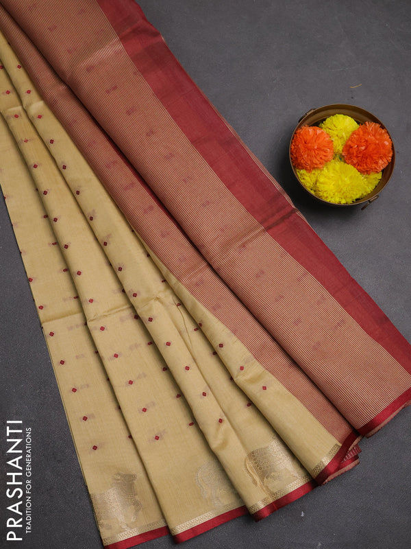 Semi dupion saree beige and maroon with allover bandhani thread woven buttas and pichwai border
