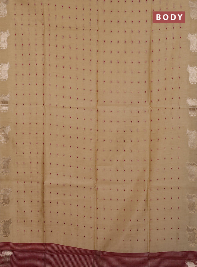 Semi dupion saree beige and maroon with allover bandhani thread woven buttas and pichwai border
