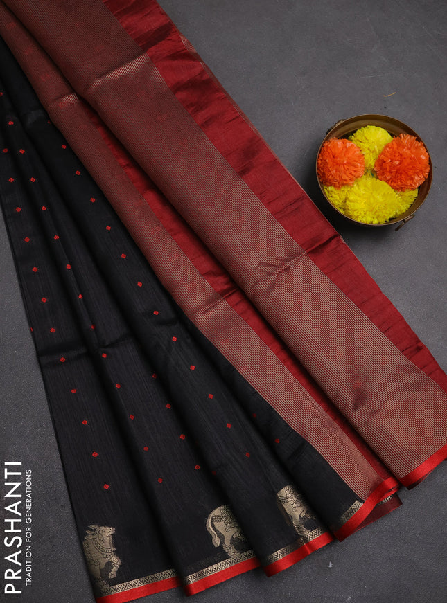 Semi dupion saree black and maroon with allover bandhani thread woven buttas and pichwai border