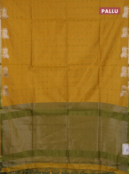 Semi dupion saree mustard yellow and light green with allover bandhani thread woven buttas and pichwai border