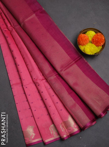 Semi dupion saree peach pink and magenta pink with allover bandhani thread woven buttas and pichwai border