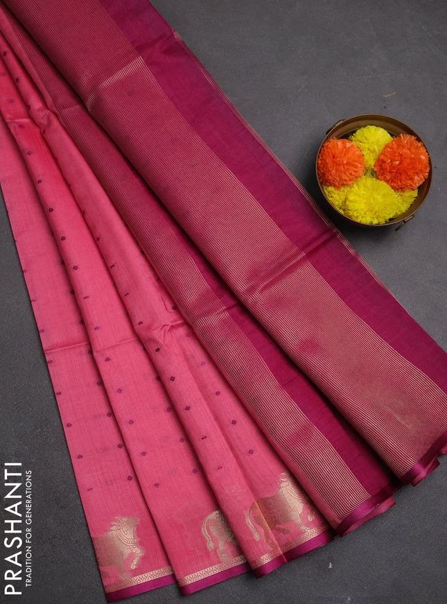 Semi dupion saree peach pink and magenta pink with allover bandhani thread woven buttas and pichwai border
