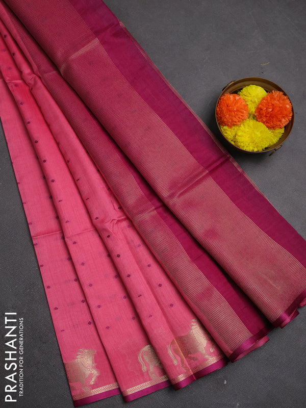 Semi dupion saree peach pink and magenta pink with allover bandhani thread woven buttas and pichwai border