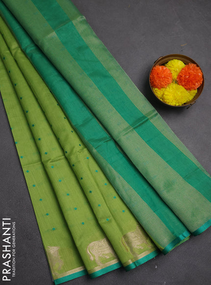 Semi dupion saree light green and teal green with allover bandhani thread woven buttas and pichwai border