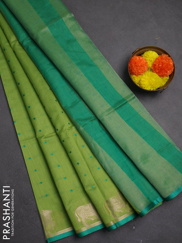 Semi dupion saree light green and teal green with allover bandhani thread woven buttas and pichwai border