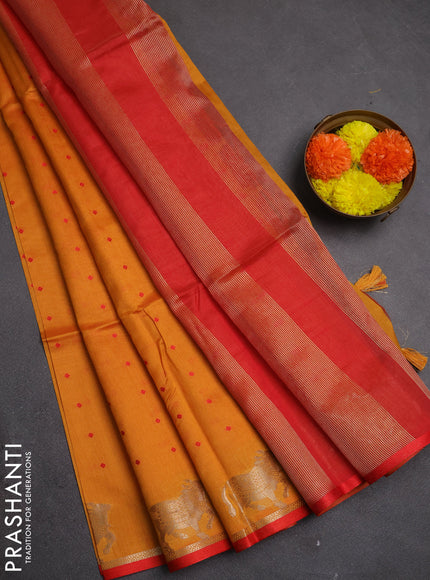 Semi dupion saree sunset orange and red with allover bandhani thread woven buttas and pichwai border