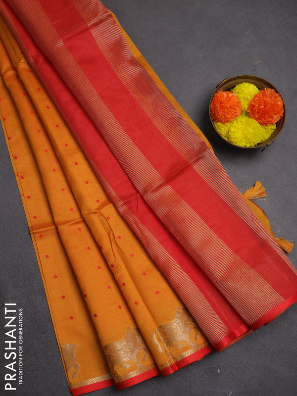 Semi dupion saree sunset orange and red with allover bandhani thread woven buttas and pichwai border