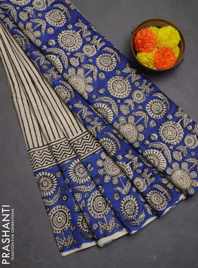 Jaipur cotton saree beige and blue with allover stripe pattern and long printed border