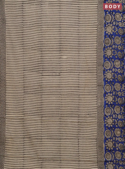 Jaipur cotton saree beige and blue with allover stripe pattern and long printed border