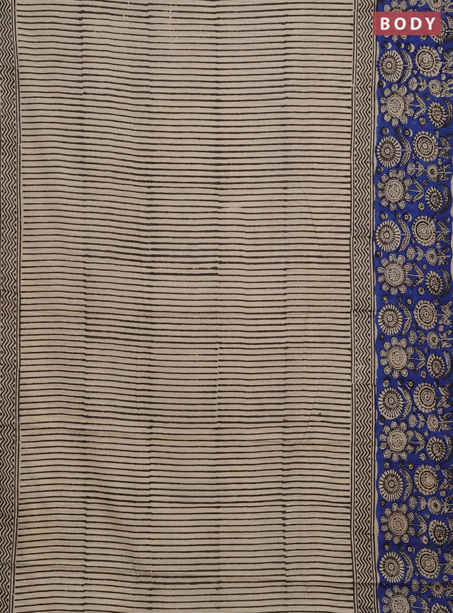 Jaipur cotton saree beige and blue with allover stripe pattern and long printed border