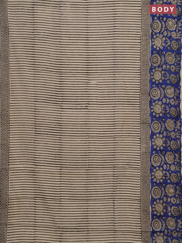 Jaipur cotton saree beige and blue with allover stripe pattern and long printed border