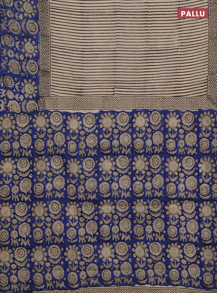 Jaipur cotton saree beige and blue with allover stripe pattern and long printed border