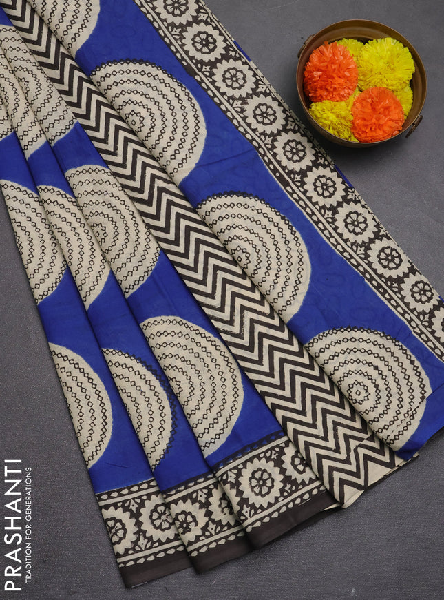 Jaipur cotton saree indigo blue and black with allover geometric prints and printed border
