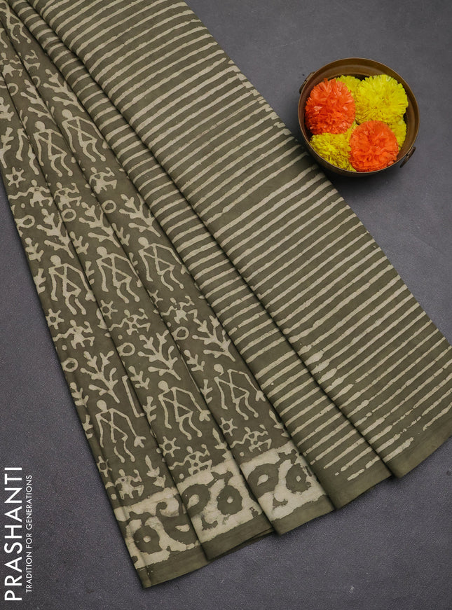 Jaipur cotton saree elaichi green with allover waril prints and printed border
