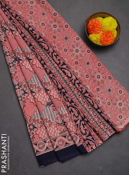 Jaipur cotton saree peach pink and navy blue with allover ajrakh prints and printed border