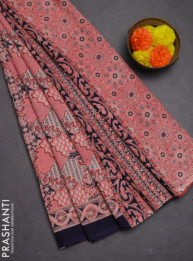 Jaipur cotton saree peach pink and navy blue with allover ajrakh prints and printed border