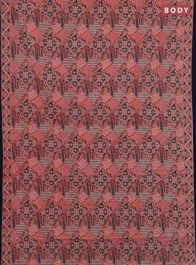 Jaipur cotton saree peach pink and navy blue with allover ajrakh prints and printed border