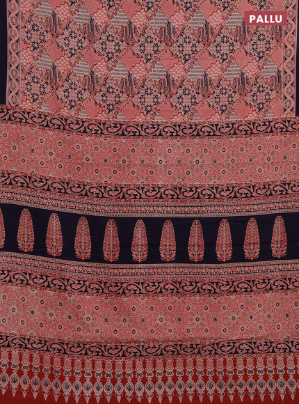 Jaipur cotton saree peach pink and navy blue with allover ajrakh prints and printed border
