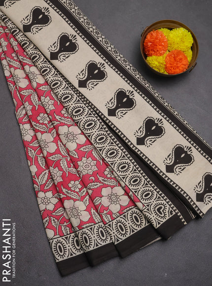 Jaipur cotton saree pink beige and black with allover floral prints and printed border