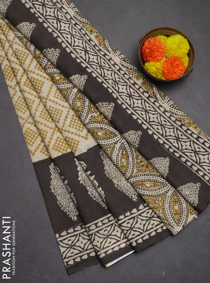 Jaipur cotton saree beige and coffee brown with allover geometric prints and long printed border