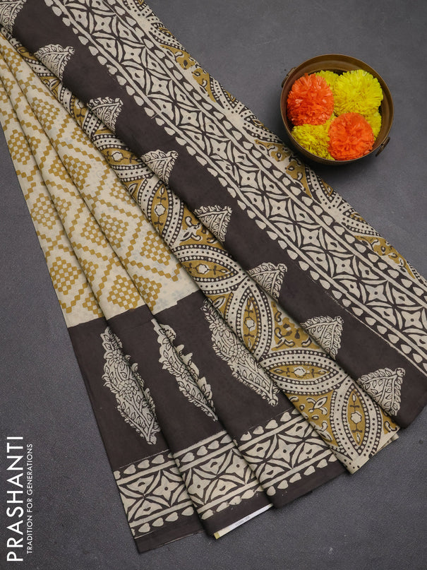 Jaipur cotton saree beige and coffee brown with allover geometric prints and long printed border