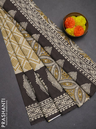 Jaipur cotton saree beige and coffee brown with allover geometric prints and long printed border