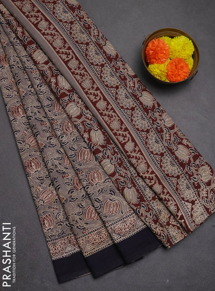 Jaipur cotton saree grey and navy blue with allover prints and printed border